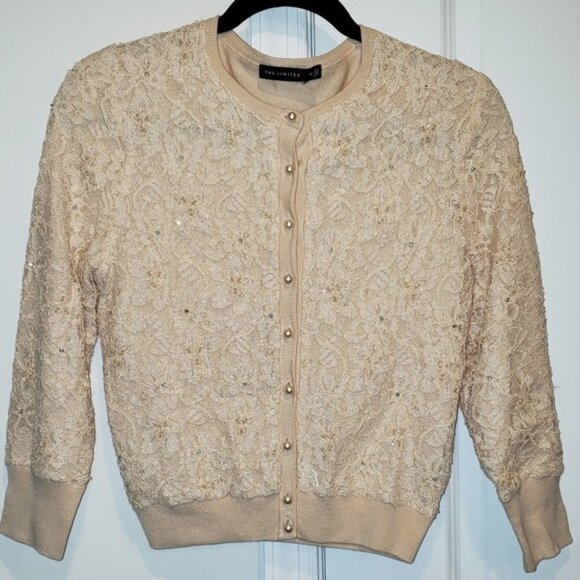 The Limited Sweaters - The Limited Lace Cardigan in Champagne Beige with Beads, Pearls, & Rhinestones